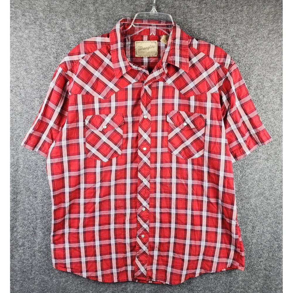 Wrangler Shirt Mens XL Western Short Sleeve Red Plaid Pearl Snap EUC